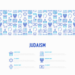 Judaism concept with thin line icons: Orthodox jew, star of David, sufganiyot, hamsa, candles, synagogue, skullcap, rosary, Western Wal, Tanakh. Modern vector illustration, template for web page.