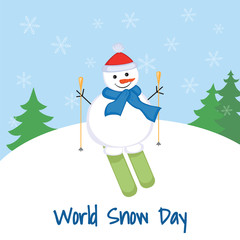 World Snow Day. Snowman on skis on a background of a snowdrift and trees