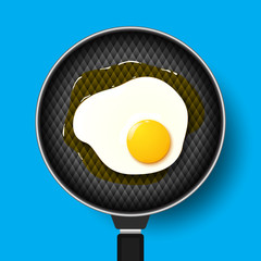 Fried Egg in the Pan isolated in Blue Background.