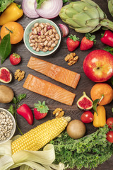 Overhead photo of healthy diet ingredients. Fresh food products