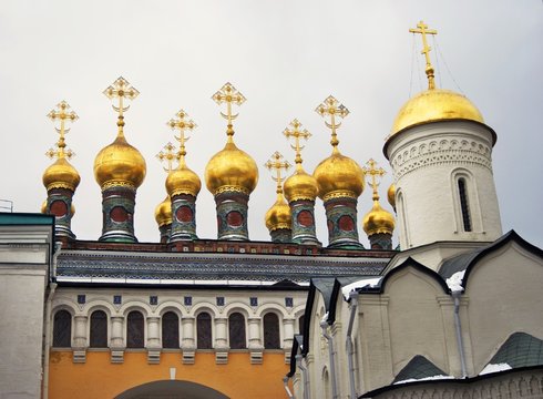 Architecture of Moscow Kremlin. Popular landmark. UNESCO World Heritage Site. Color photo.