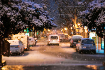 Snowy winter night in small spanish town Denia