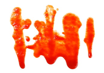 Red ketchup splashes isolated on white background, tomato pure texture
