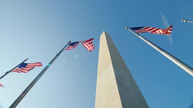 Pan shot: American flags and the Washington Monument