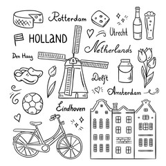Hand drawn Netherlands illustration set. Holland symbols, visit Amsterdam travel icons and elements