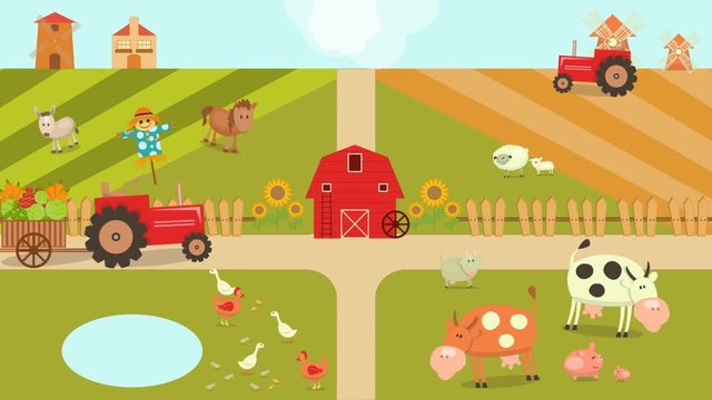 Cartoon Animation of Farm House. Animation cartoon tractor.