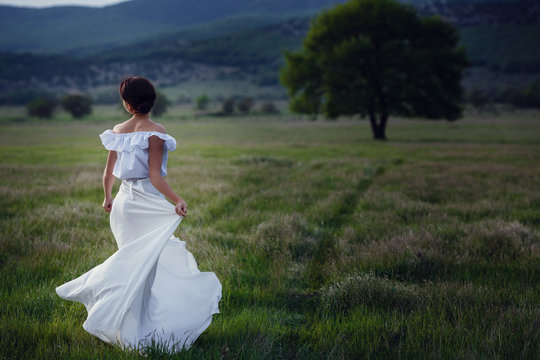 Woman Happy, Beautiful Active Free Girl on Summer Green Outdoor Background