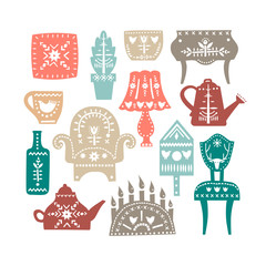 Vector set of stylized cozy furniture decorated with white patterns.