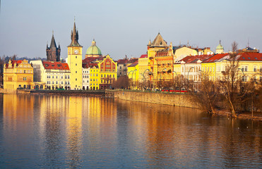 Prague. View from the Vltava River to the museum of the composer B. Smetana. Beautiful cityscape in the sunset light....