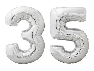 Silver number 35 thirty five made of inflatable balloon isolated on white