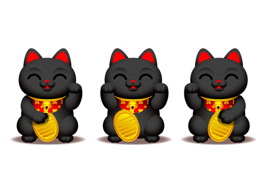 Vector cute black Maneki-neko, lucky cat character with golden coin isolated on white background.