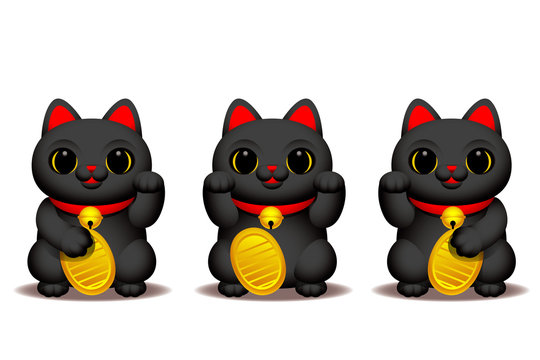 Vector cute black Maneki-neko, lucky cat character with golden coin isolated on white background.