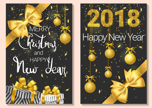 A set of two New Year greeting cards - templates. Golden decorations on a dark background, golden bows, gifts and confetti 