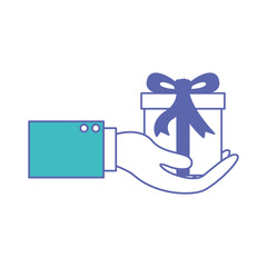 hand holding a gift box in blue and purple color sections silhouette