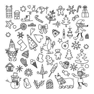 set of doodle cartoon objects and symbols on a New Year theme