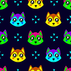 Cute kids wolf pattern for girls and boys. Colorful wolf on the abstract background create a fun cartoon drawing. The pattern is made in neon colors. Urban wolf pattern for textile and fabric.