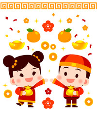 Naklejka premium Cute Vector Chinese New Year Boy and Girl with Chinese New Year Items.