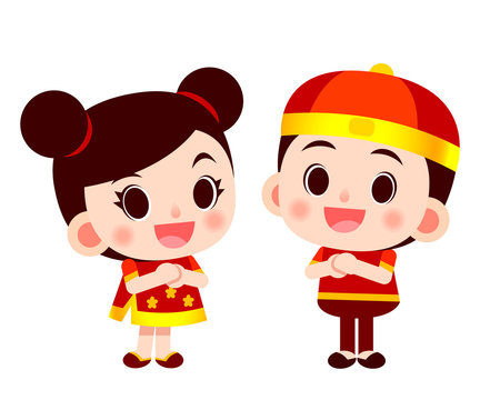 Vector cute happy Chinese girl and boy character isolated on white background.