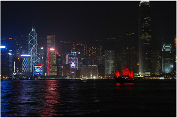 Victoria Bay and panorama of Hong Kong city center full of skyscrapers from Tsim Sha Tsui promenade at night