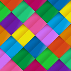 Colorful paper pattern on background colored rhombus vector illustration. Geometric holiday card from colored pieces by cloth or paper with shadow