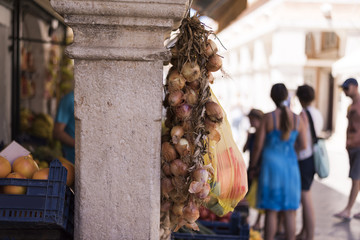 Seasonal fruit and vegetables on sale at the merchandise on a hot day