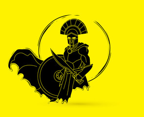 Angry Spartan warrior with Sword and shield graphic vector.