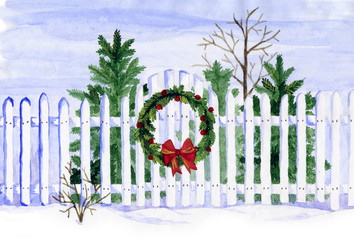 Christmas decorations in garden  / Watercolor drawing, Christmas wreath on a white wicket