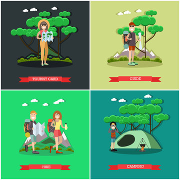 Vector set of tourist posters, banners in flat style