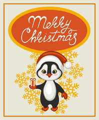 Cute penguin with a gift. Merry Christmas. Greeting card. The cartoon style. Vector illustration.