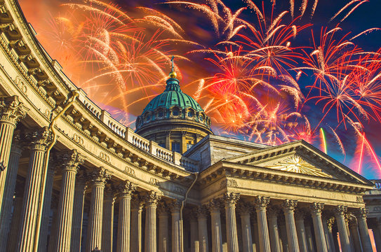 View Kazan Cathedral in Saint Petersburg holiday fireworks in the sky at night.