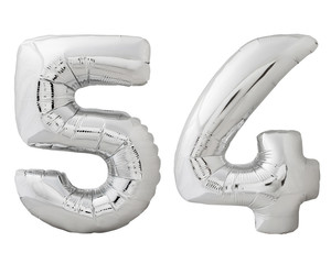 Silver number 54 fifty four made of inflatable balloon isolated on white