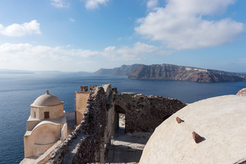 View on the Venetian castle ruin in Oia on the Mediterranean Sea, Santorini