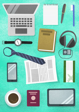 Directly above view of various objects on turquoise background