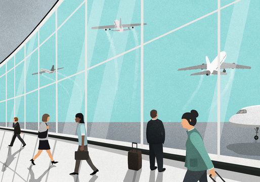 People walking by window at airport