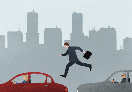 Illustrative image of businessman jumping over cars against skyline