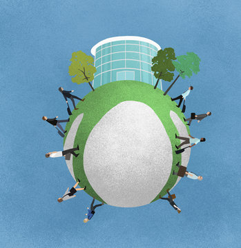 Little planet effect of business people walking towards office building