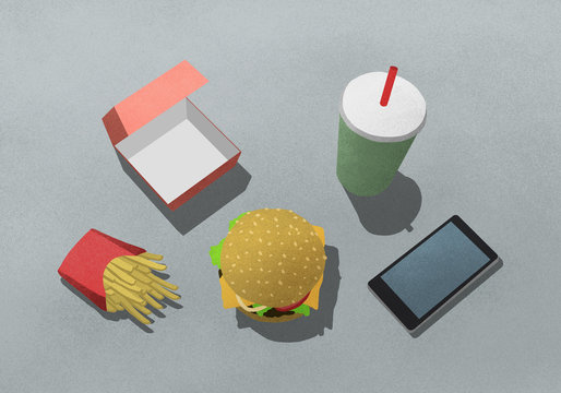Illustration of fast food with drink and mobile phone against gray background