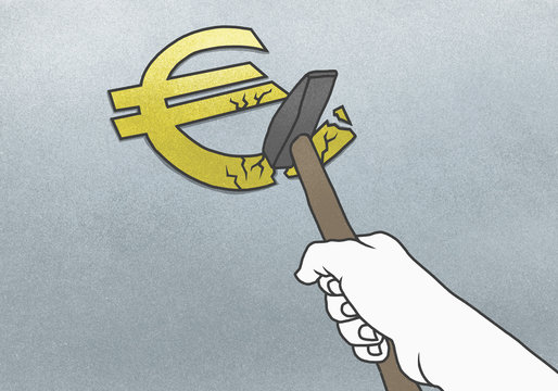 Cropped hand breaking Euro symbol with hammer on gray background