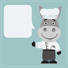 Chef donkey with speech bubble in cartoon style. Smiling donkey cook says and shows like.