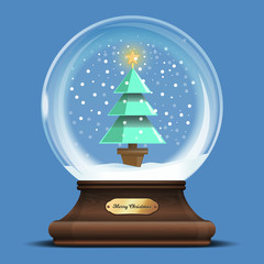 Transparent glass sphere on a wooden stand with a Christmas tree inside. Xmas design element. Merry Christmas. Vector illustration