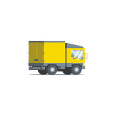 Fototapeta na wymiar Four wheel yellow transport truck closed. Flat vector design illustration.
