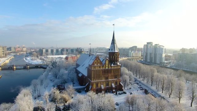 Aerial: The Cathedral in the snow-capped city of Kaliningrad, Russia