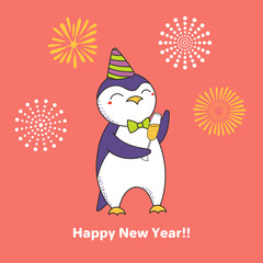 Hand drawn Happy New Year greeting card with cute funny cartoon penguin with a glass of champagne, fireworks, text. Isolated objects. Vector illustration. Design concept for party, celebration.