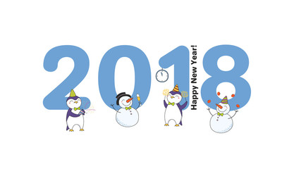 Hand drawn Happy New Year 2018 greeting card, banner template with big numbers, cute funny cartoon penguins, snowmen celebrating, text. Isolated objects. Vector illustration. Design concept for party.