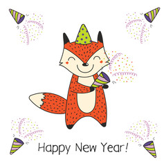 Hand drawn Happy New Year greeting card with cute funny cartoon fox with a party popper, typography. Isolated objects on white background. Vector illustration. Design concept for celebration.