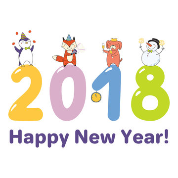 Hand drawn Happy New Year 2018 greeting card, banner template with cute funny cartoon animals celebratingstanding on big numbers, text. Isolated objects. Vector illustration. Design concept for party.