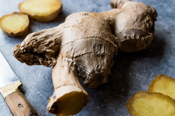 Fototapeta premium Raw Organic Sliced Ginger Root Ready to Use.