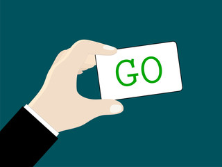 A man's hand (businessman) holds a card with words 