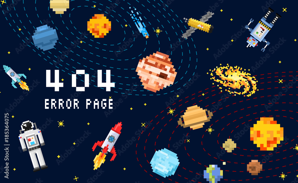Poster 404 error page. not found. space background, spaceman, robot rocket and satellite cubes solar system