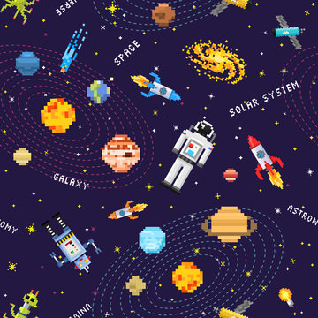 space seamless pattern background, alien spaceman, robot rocket and satellite cubes solar system planets pixel art, digital vintage game style. Mercury, Venus, Earth, Mars, Jupiter, Saturn.